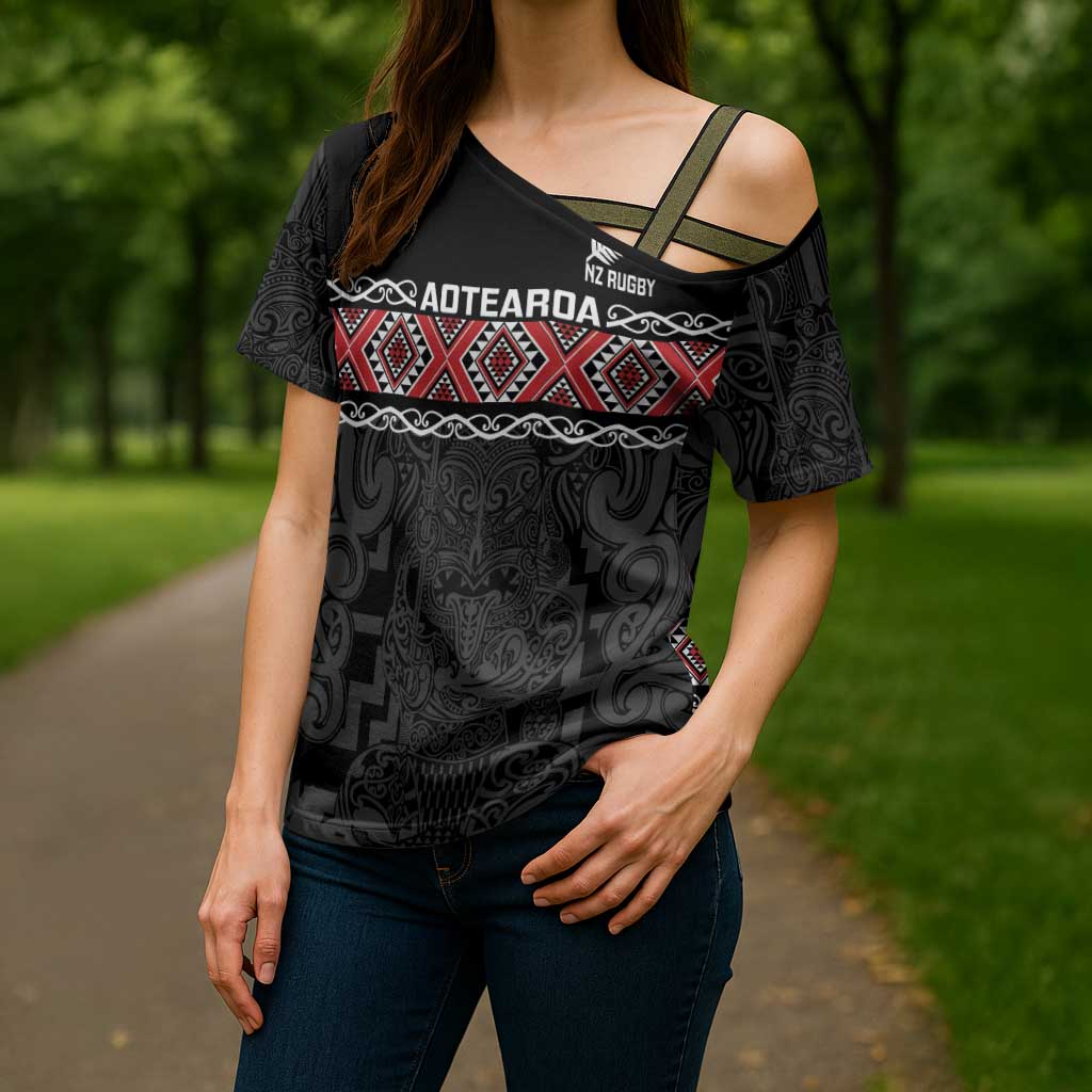 Custom New Zealand Silver Fern Rugby Cross Shoulder Shirt All Black Maori Taniko Pattern - Polynesian Pride