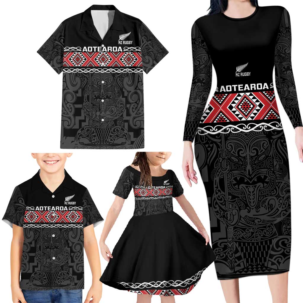 Custom New Zealand Silver Fern Rugby Family Matching Long Sleeve Bodycon Dress and Hawaiian Shirt All Black Maori Taniko Pattern