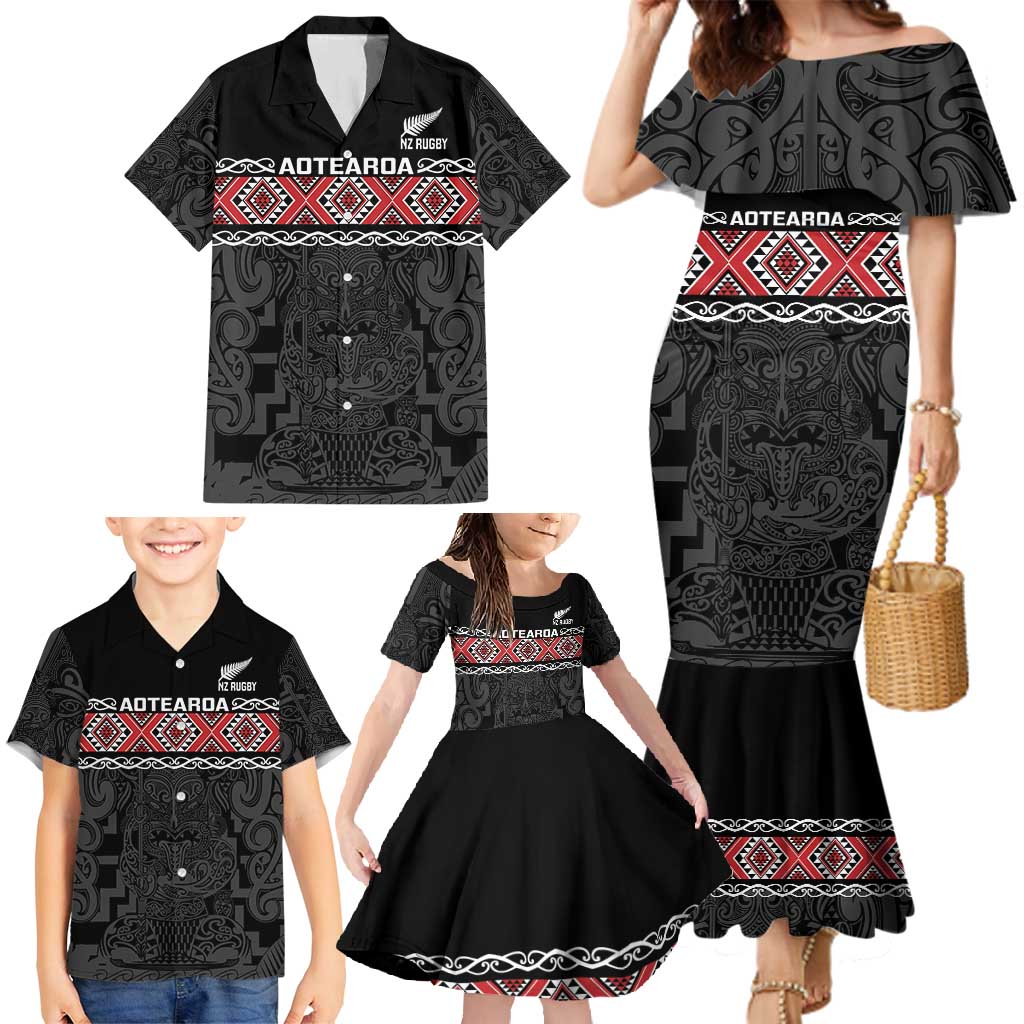 Custom New Zealand Silver Fern Rugby Family Matching Mermaid Dress and Hawaiian Shirt All Black Maori Taniko Pattern