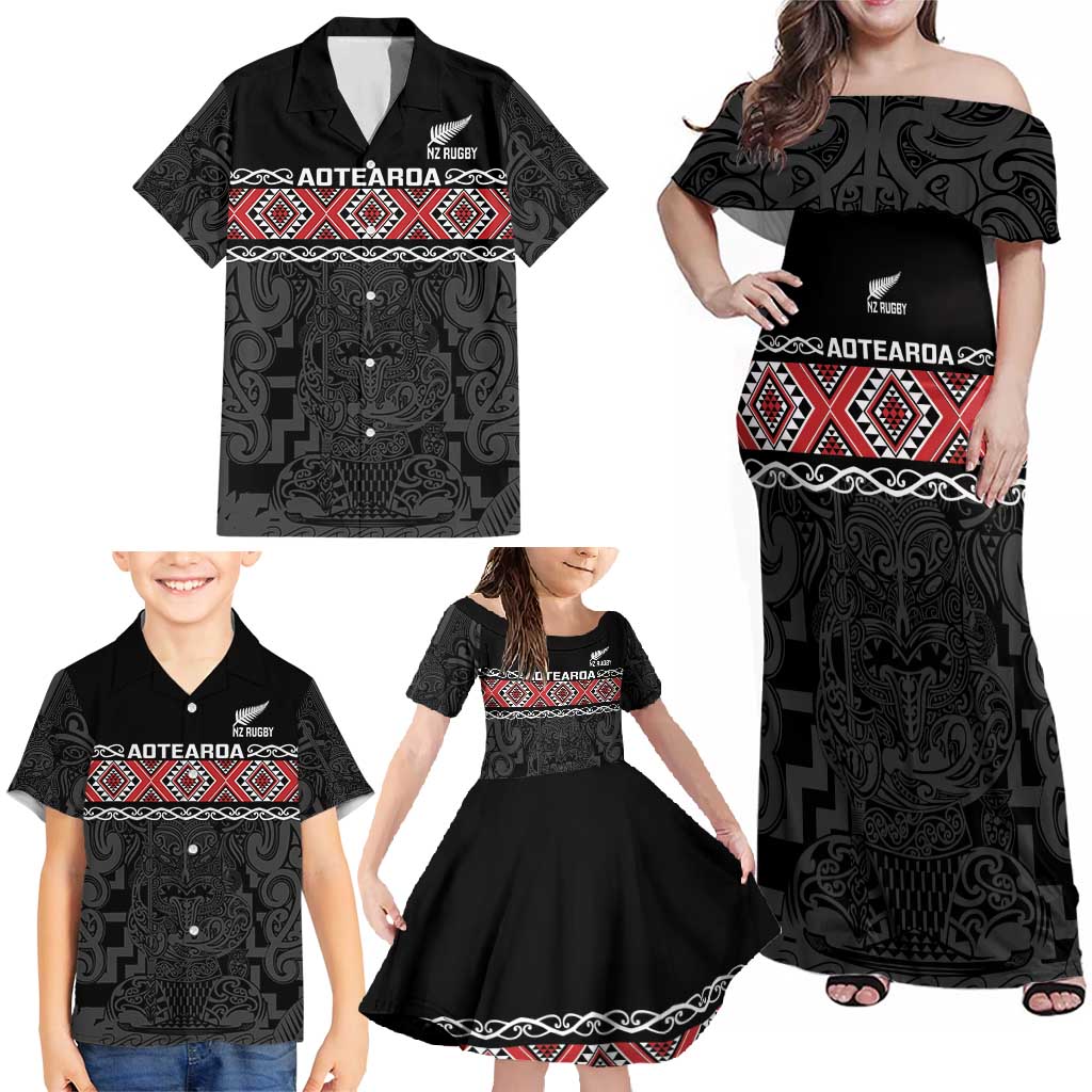 Custom New Zealand Silver Fern Rugby Family Matching Off Shoulder Maxi Dress and Hawaiian Shirt All Black Maori Taniko Pattern