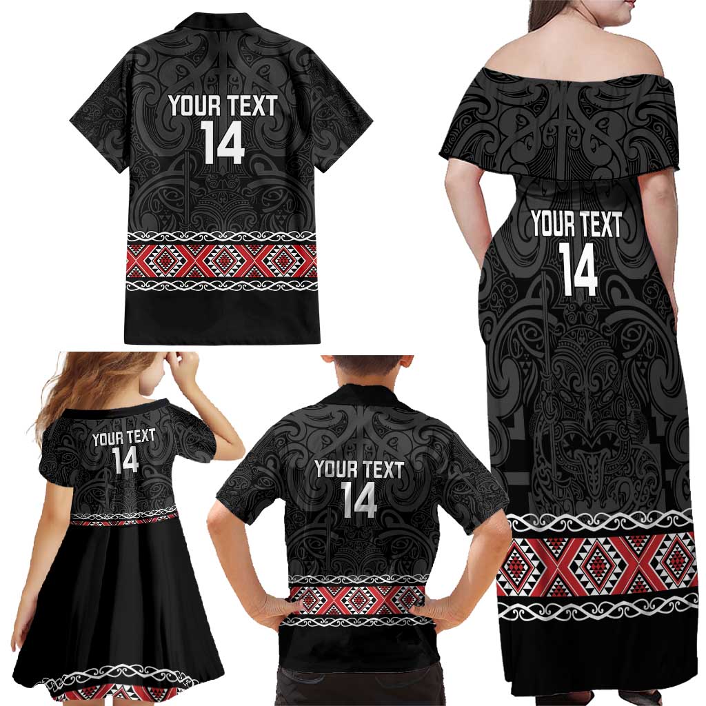 Custom New Zealand Silver Fern Rugby Family Matching Off Shoulder Maxi Dress and Hawaiian Shirt All Black Maori Taniko Pattern
