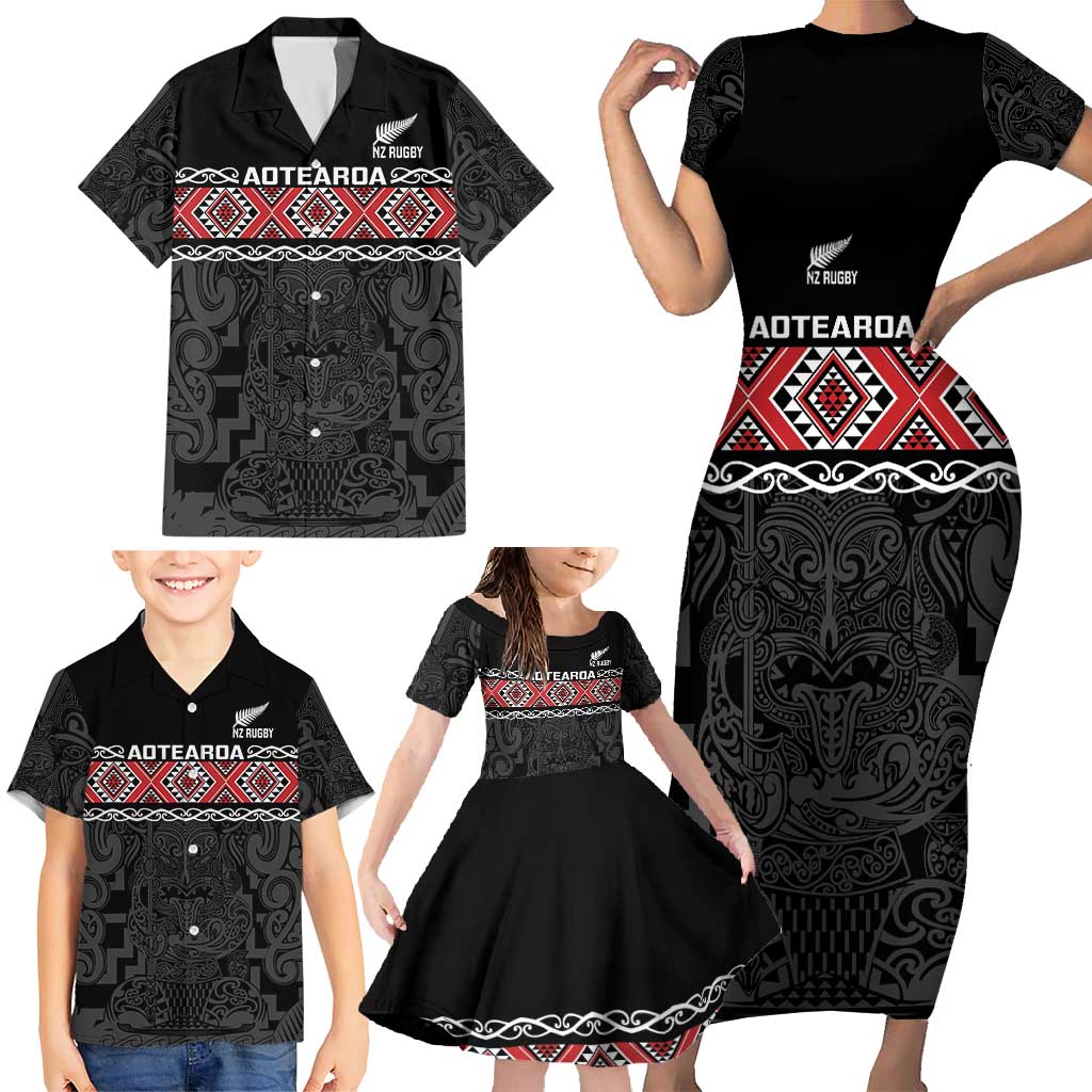 Custom New Zealand Silver Fern Rugby Family Matching Short Sleeve Bodycon Dress and Hawaiian Shirt All Black Maori Taniko Pattern