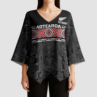 Custom New Zealand Silver Fern Rugby Kimono Sleeve Blouse All Black Maori Taniko Pattern - Polynesian Pride