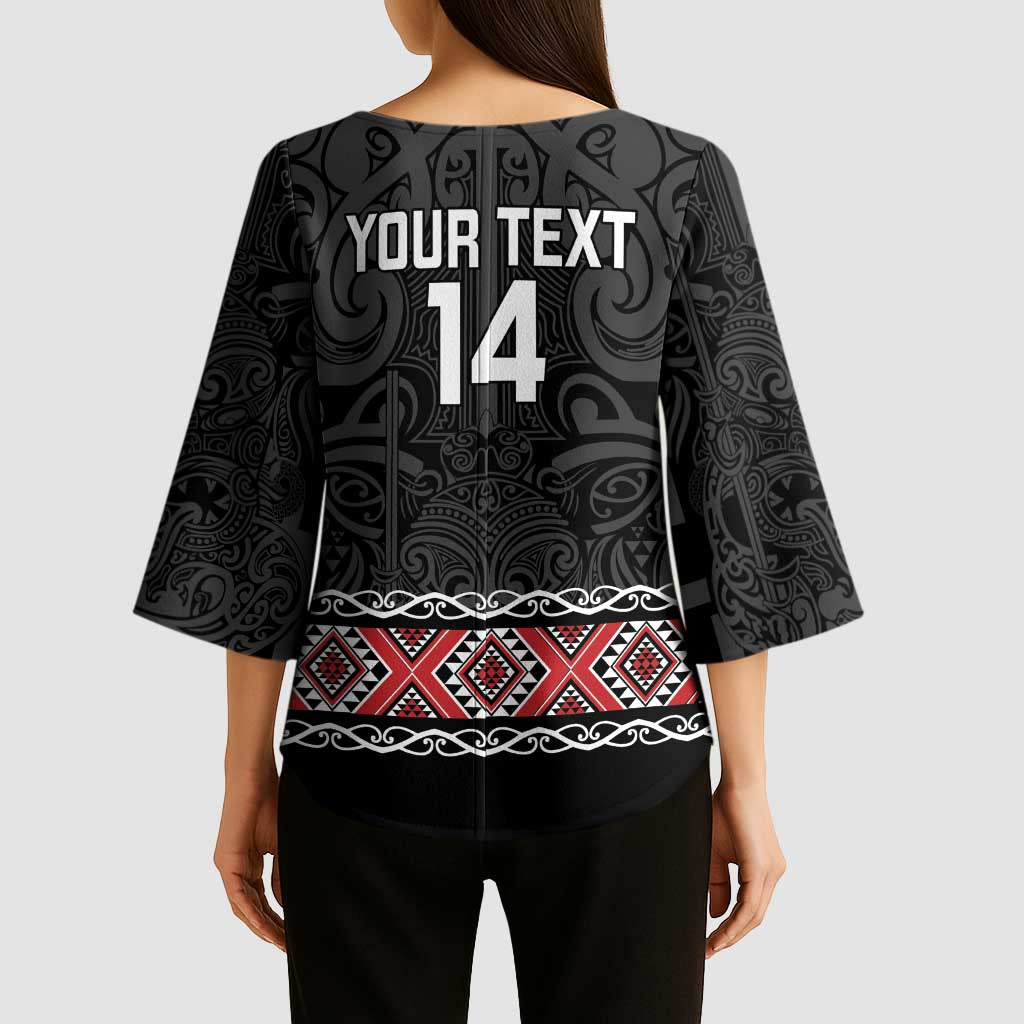 Custom New Zealand Silver Fern Rugby Kimono Sleeve Blouse All Black Maori Taniko Pattern - Polynesian Pride