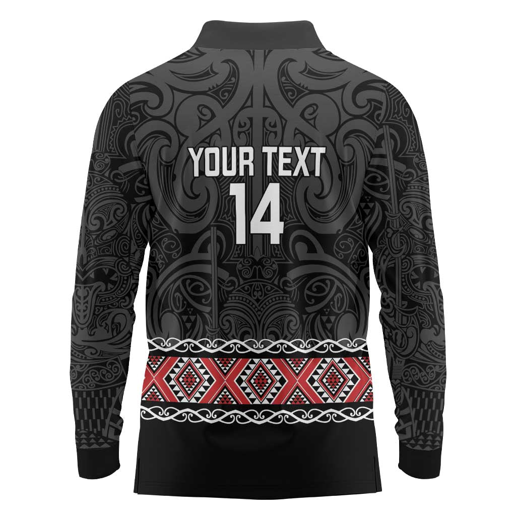 Custom New Zealand Silver Fern Rugby Long Sleeve Polo Shirt All Black Maori Taniko Pattern