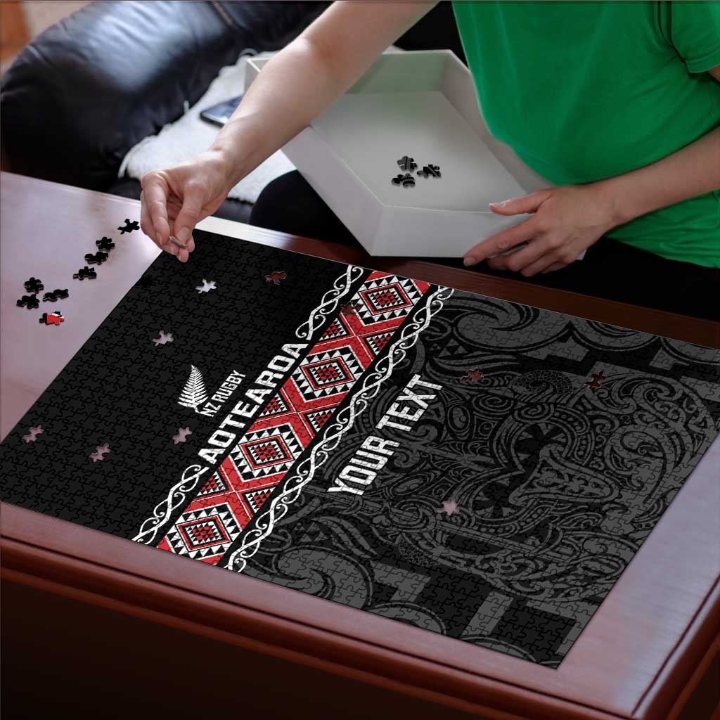 Custom New Zealand Silver Fern Rugby Puzzle All Black Maori Taniko Pattern - Polynesian Pride