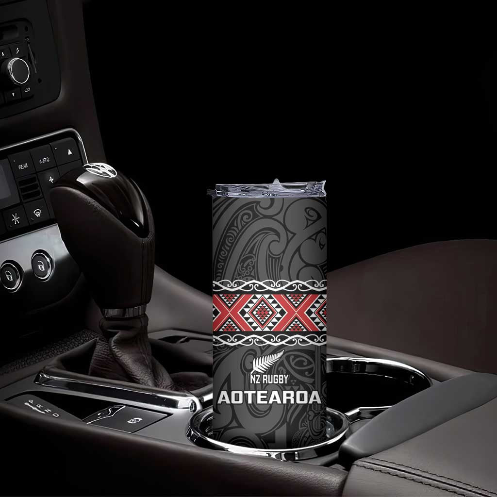 Custom New Zealand Silver Fern Rugby Skinny Tumbler All Black Maori Taniko Pattern