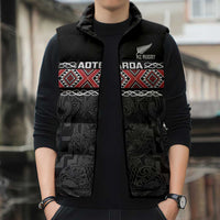 Custom New Zealand Silver Fern Rugby Sleeveless Puffer Jacket All Black Maori Taniko Pattern - Polynesian Pride