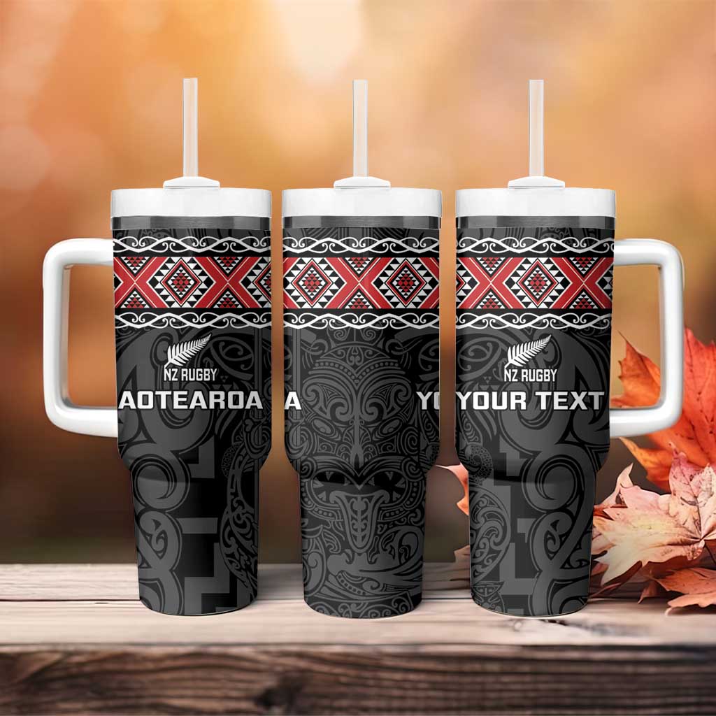 Custom New Zealand Silver Fern Rugby Tumbler With Handle All Black Maori Taniko Pattern