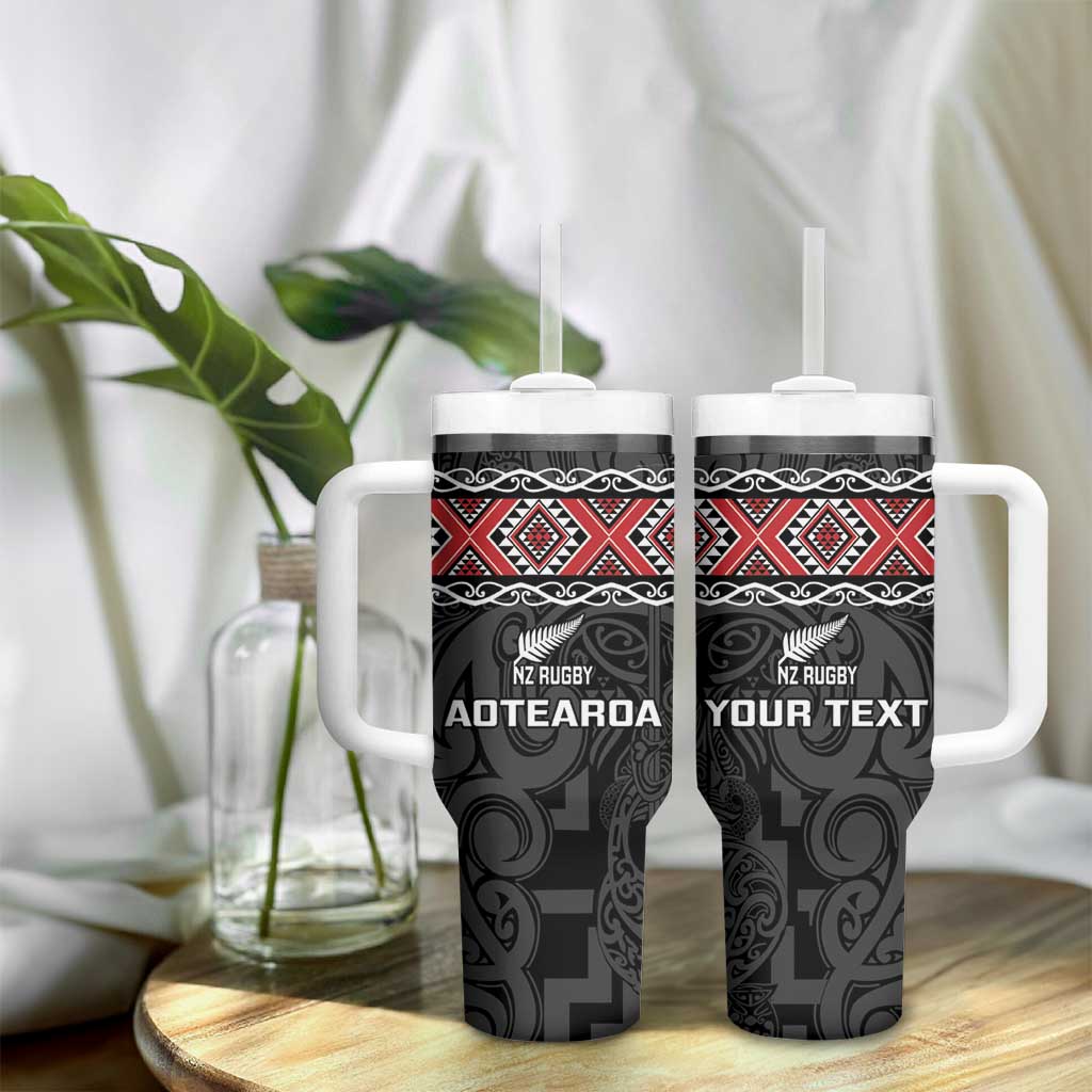 Custom New Zealand Silver Fern Rugby Tumbler With Handle All Black Maori Taniko Pattern