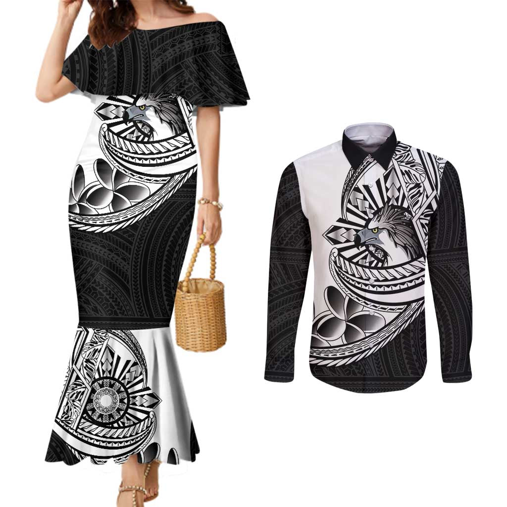 Philippines Eagle Sun Couples Matching Mermaid Dress and Long Sleeve Button Shirt Filipino Agila Polynesian Tattoo Black Color LT14 Black - Polynesian Pride
