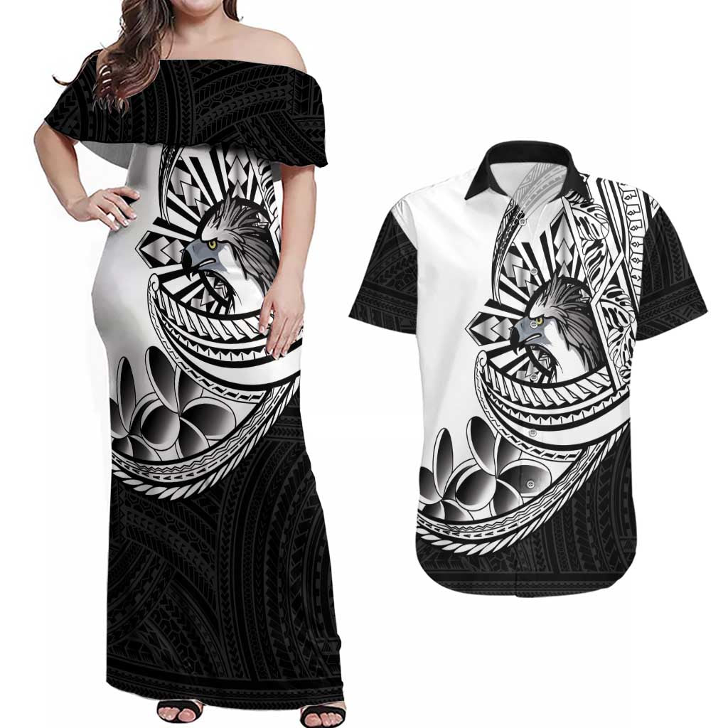 Philippines Eagle Sun Couples Matching Off Shoulder Maxi Dress and Hawaiian Shirt Filipino Agila Polynesian Tattoo Black Color LT14 Black - Polynesian Pride