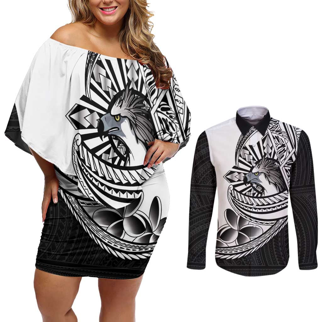 Philippines Eagle Sun Couples Matching Off Shoulder Short Dress and Long Sleeve Button Shirt Filipino Agila Polynesian Tattoo Black Color LT14 Black - Polynesian Pride
