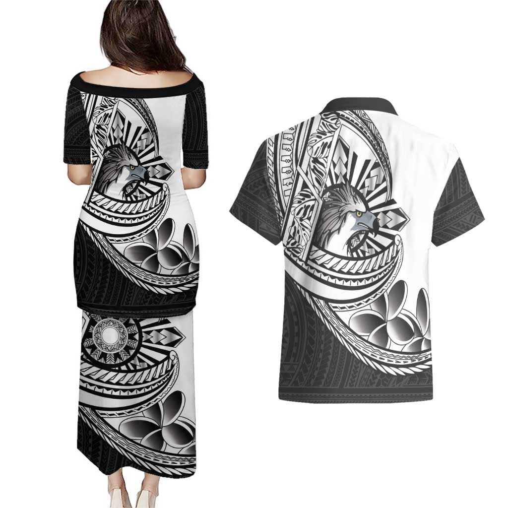 Philippines Eagle Sun Couples Matching Puletasi and Hawaiian Shirt Filipino Agila Polynesian Tattoo Black Color LT14 - Polynesian Pride