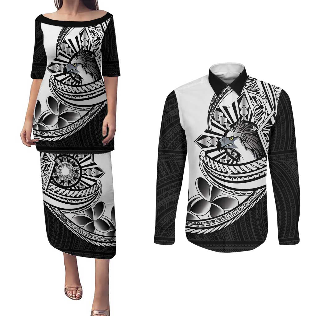 Philippines Eagle Sun Couples Matching Puletasi and Long Sleeve Button Shirt Filipino Agila Polynesian Tattoo Black Color LT14 Black - Polynesian Pride