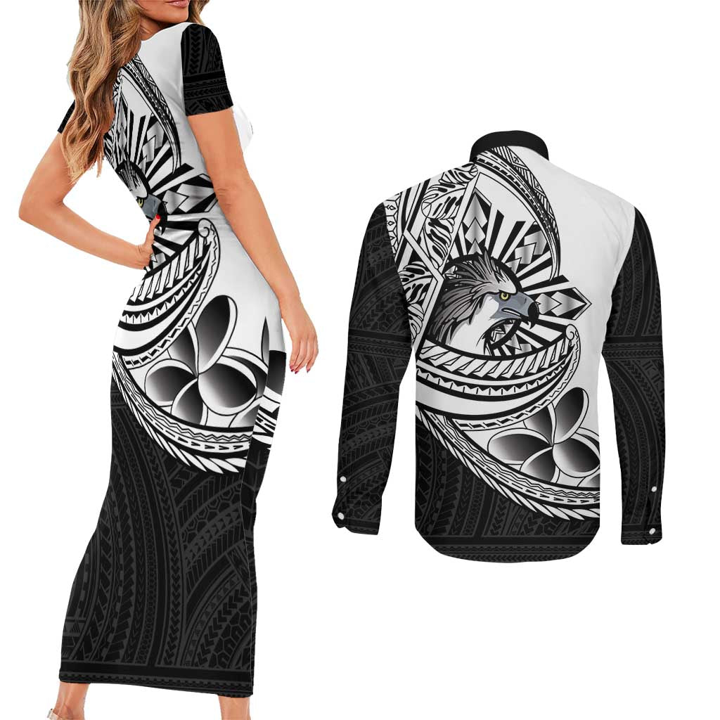 Philippines Eagle Sun Couples Matching Short Sleeve Bodycon Dress and Long Sleeve Button Shirt Filipino Agila Polynesian Tattoo Black Color