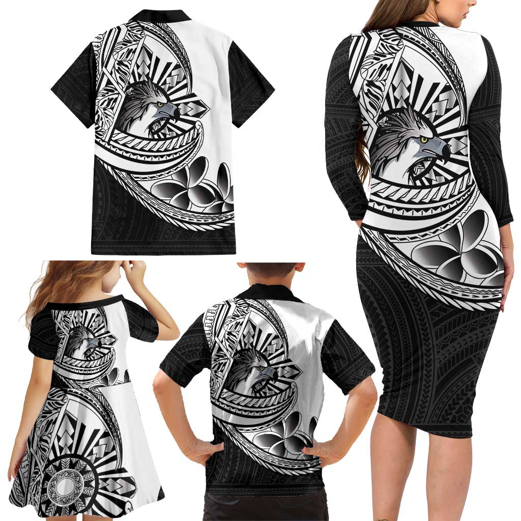 Philippines Eagle Sun Family Matching Long Sleeve Bodycon Dress and Hawaiian Shirt Filipino Agila Polynesian Tattoo Black Color