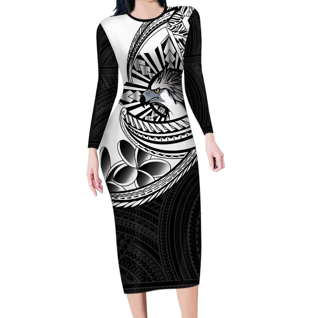 Philippines Eagle Sun Family Matching Long Sleeve Bodycon Dress and Hawaiian Shirt Filipino Agila Polynesian Tattoo Black Color