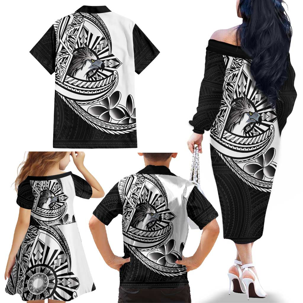 Philippines Eagle Sun Family Matching Off The Shoulder Long Sleeve Dress and Hawaiian Shirt Filipino Agila Polynesian Tattoo Black Color