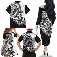 Philippines Eagle Sun Family Matching Off The Shoulder Long Sleeve Dress and Hawaiian Shirt Filipino Agila Polynesian Tattoo Black Color