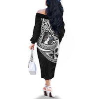 Philippines Eagle Sun Family Matching Off The Shoulder Long Sleeve Dress and Hawaiian Shirt Filipino Agila Polynesian Tattoo Black Color