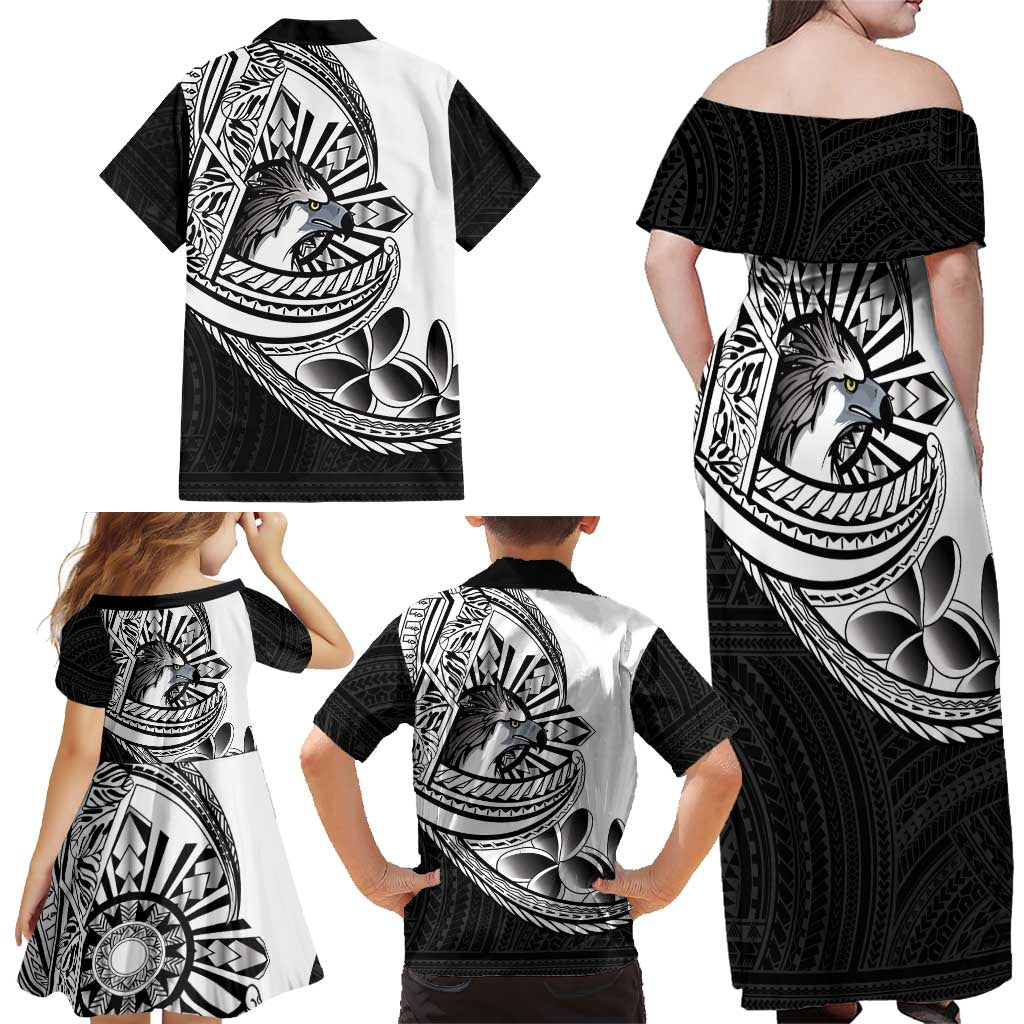 Philippines Eagle Sun Family Matching Off Shoulder Maxi Dress and Hawaiian Shirt Filipino Agila Polynesian Tattoo Black Color
