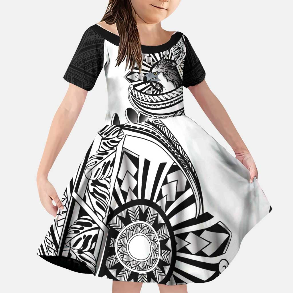 Philippines Eagle Sun Family Matching Off Shoulder Short Dress and Hawaiian Shirt Filipino Agila Polynesian Tattoo Black Color