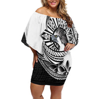 Philippines Eagle Sun Family Matching Off Shoulder Short Dress and Hawaiian Shirt Filipino Agila Polynesian Tattoo Black Color