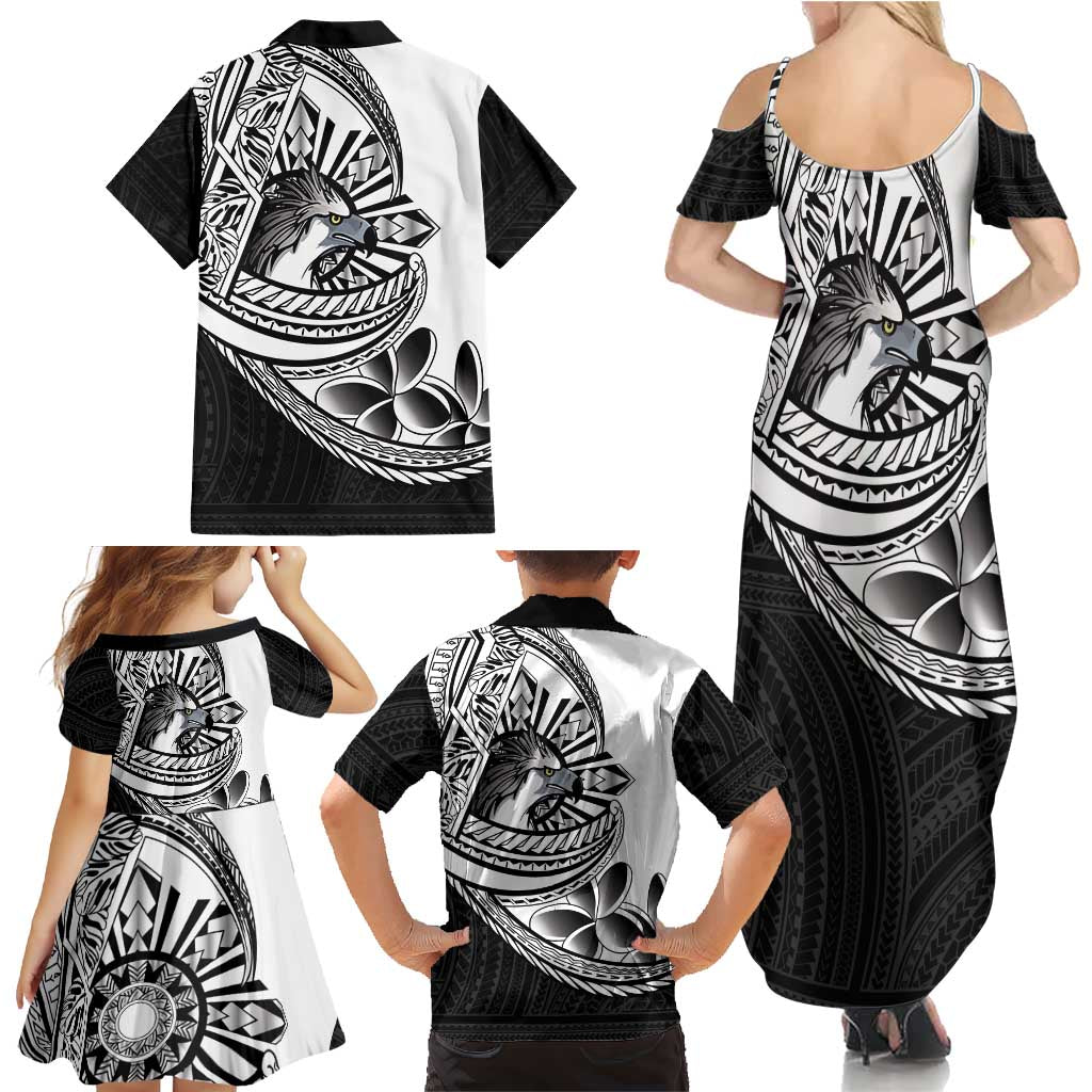 Philippines Eagle Sun Family Matching Summer Maxi Dress and Hawaiian Shirt Filipino Agila Polynesian Tattoo Black Color