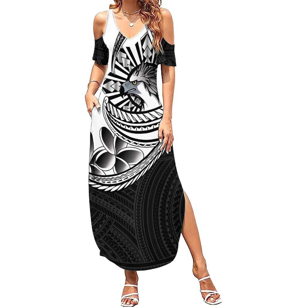 Philippines Eagle Sun Family Matching Summer Maxi Dress and Hawaiian Shirt Filipino Agila Polynesian Tattoo Black Color