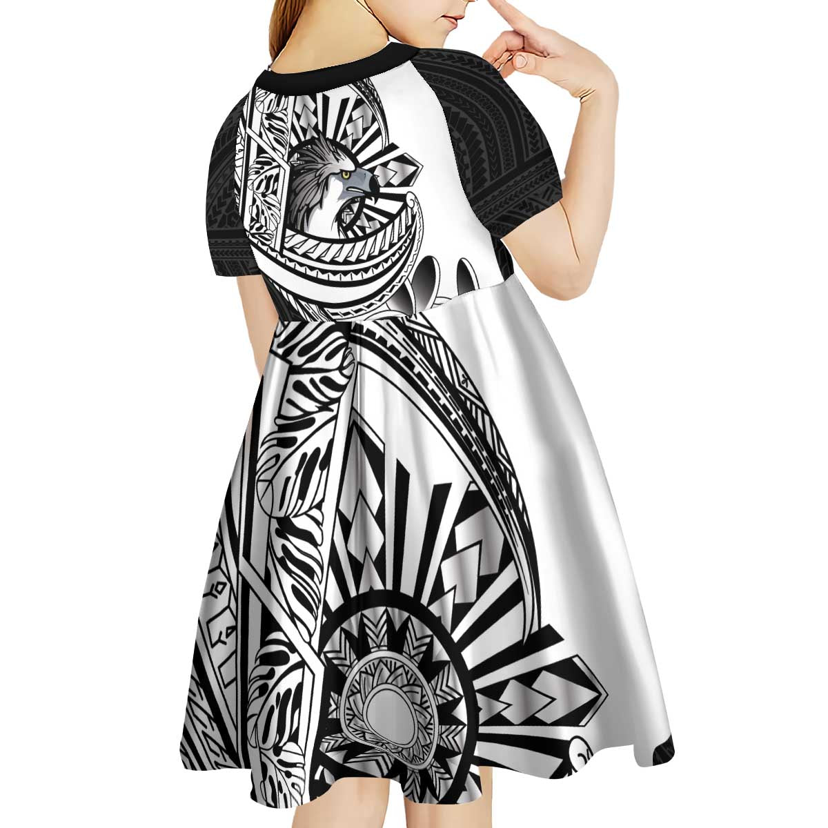 Philippines Eagle Sun Kid Short Sleeve Dress Filipino Agila Polynesian Tattoo Black Color