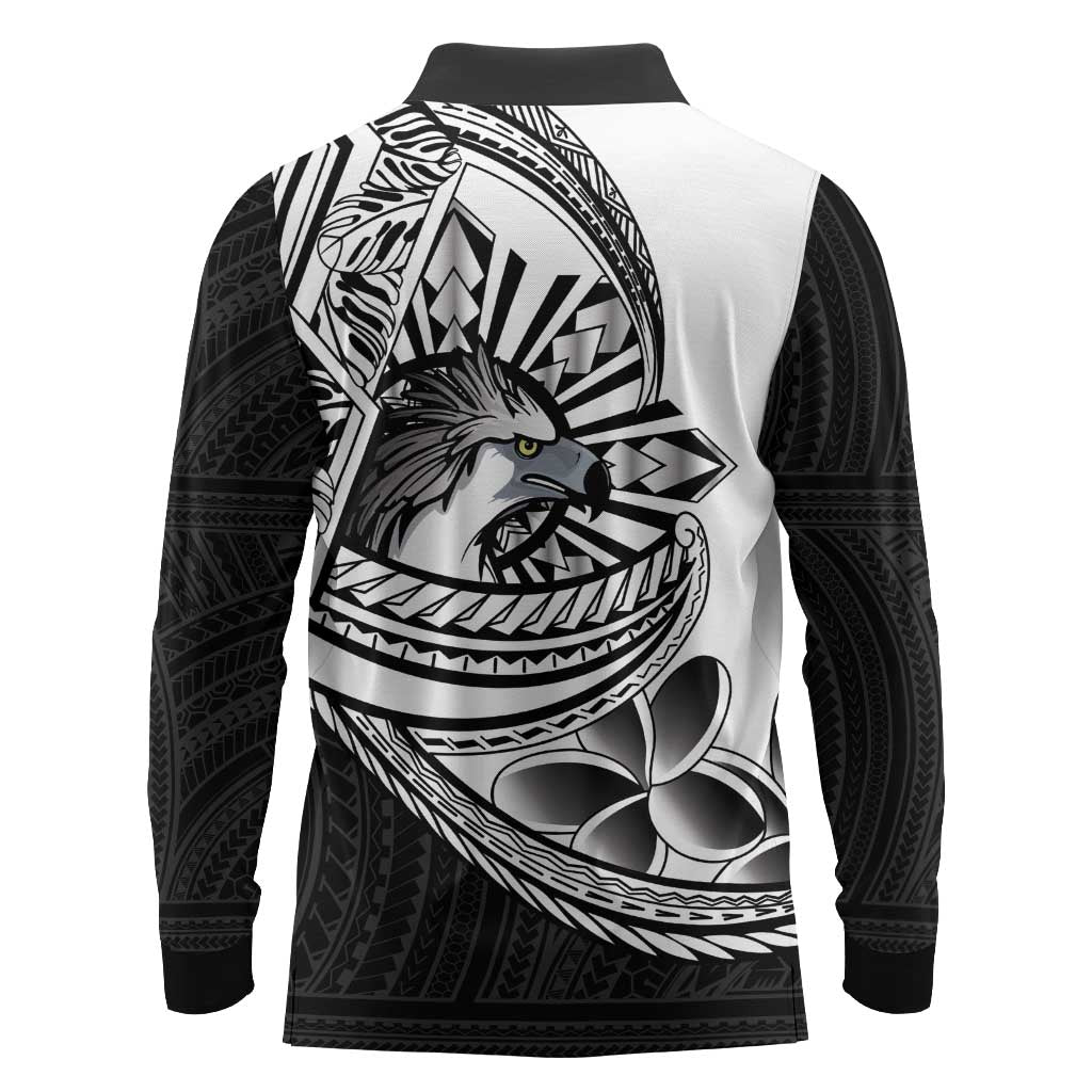 Philippines Eagle Sun Long Sleeve Polo Shirt Filipino Agila Polynesian Tattoo Black Color LT14 - Polynesian Pride