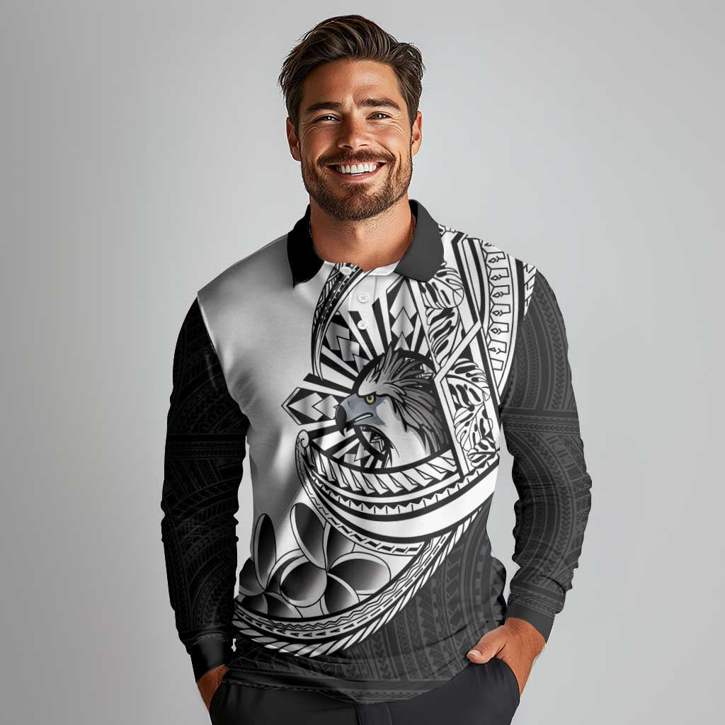 Philippines Eagle Sun Long Sleeve Polo Shirt Filipino Agila Polynesian Tattoo Black Color LT14 - Polynesian Pride