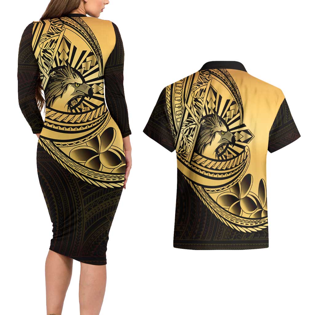Philippines Eagle Sun Couples Matching Long Sleeve Bodycon Dress and Hawaiian Shirt Filipino Agila Polynesian Tattoo Gold Color