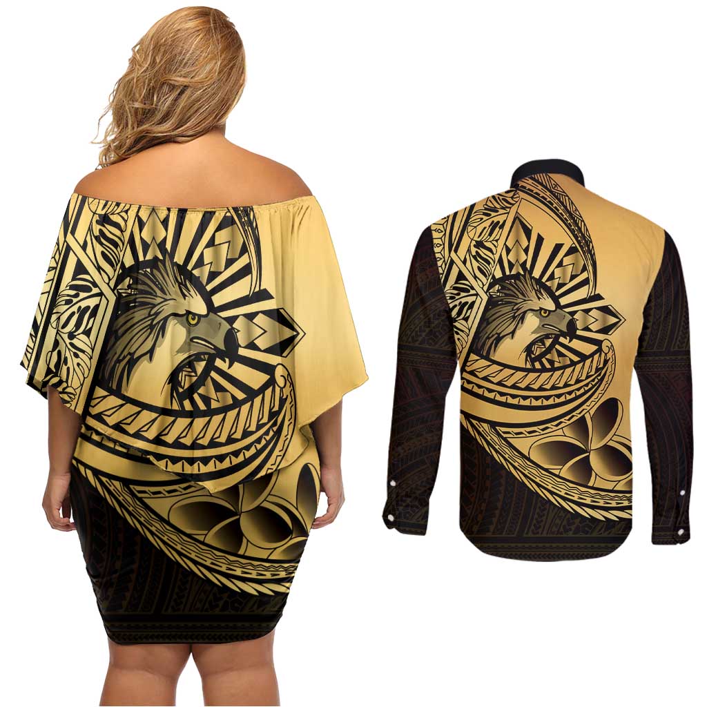 Philippines Eagle Sun Couples Matching Off Shoulder Short Dress and Long Sleeve Button Shirt Filipino Agila Polynesian Tattoo Gold Color