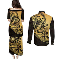 Philippines Eagle Sun Couples Matching Puletasi and Long Sleeve Button Shirt Filipino Agila Polynesian Tattoo Gold Color