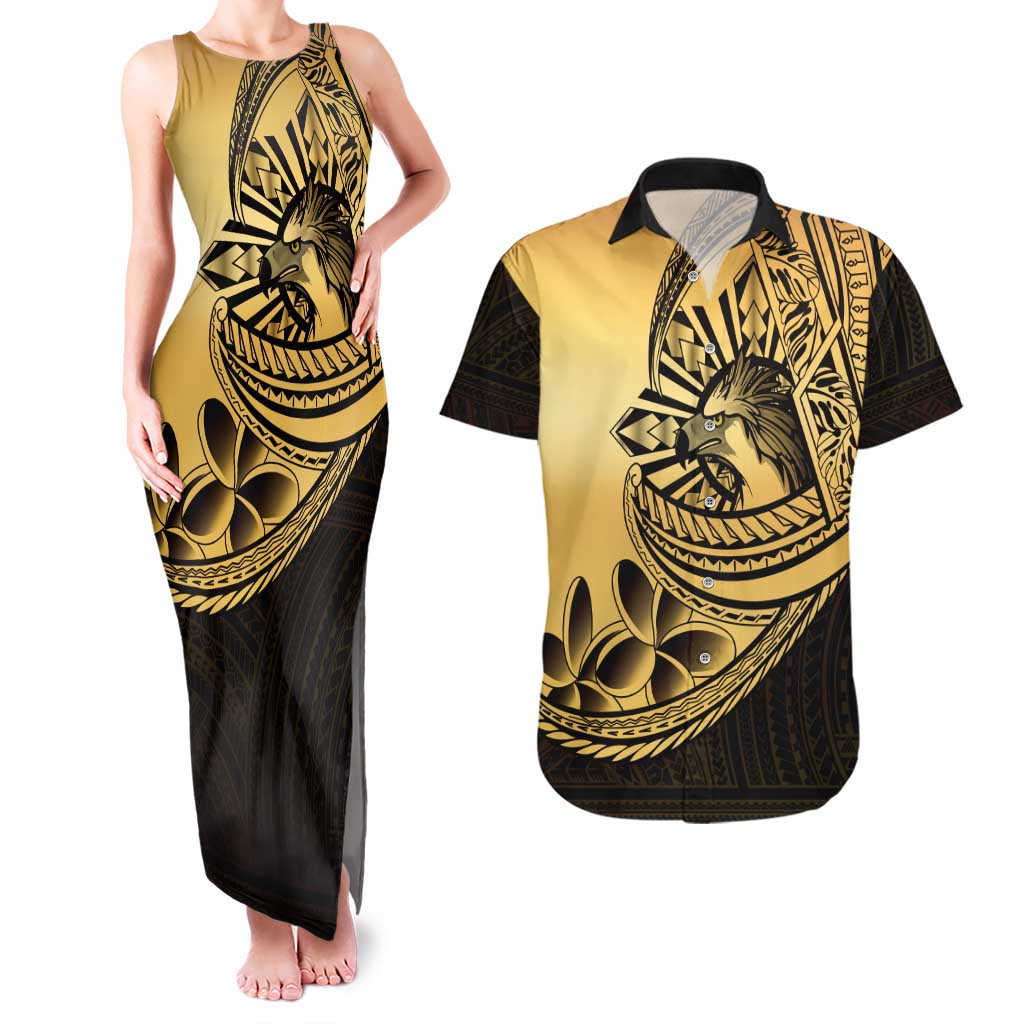 Philippines Eagle Sun Couples Matching Tank Maxi Dress and Hawaiian Shirt Filipino Agila Polynesian Tattoo Gold Color