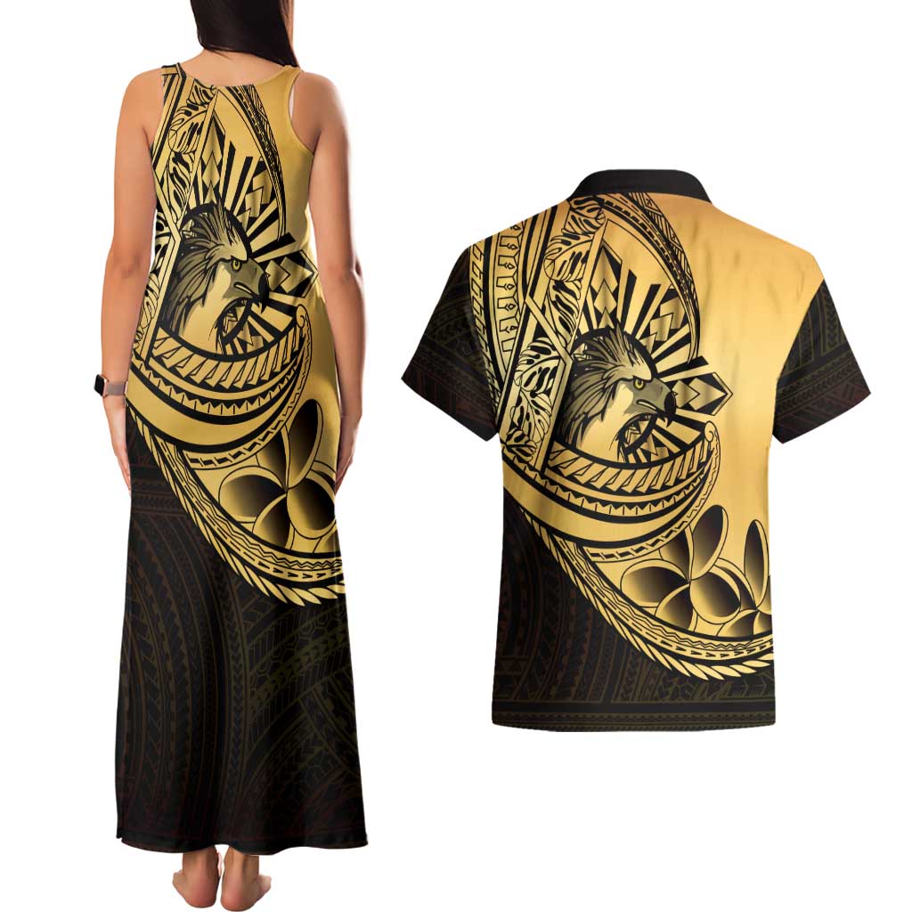 Philippines Eagle Sun Couples Matching Tank Maxi Dress and Hawaiian Shirt Filipino Agila Polynesian Tattoo Gold Color