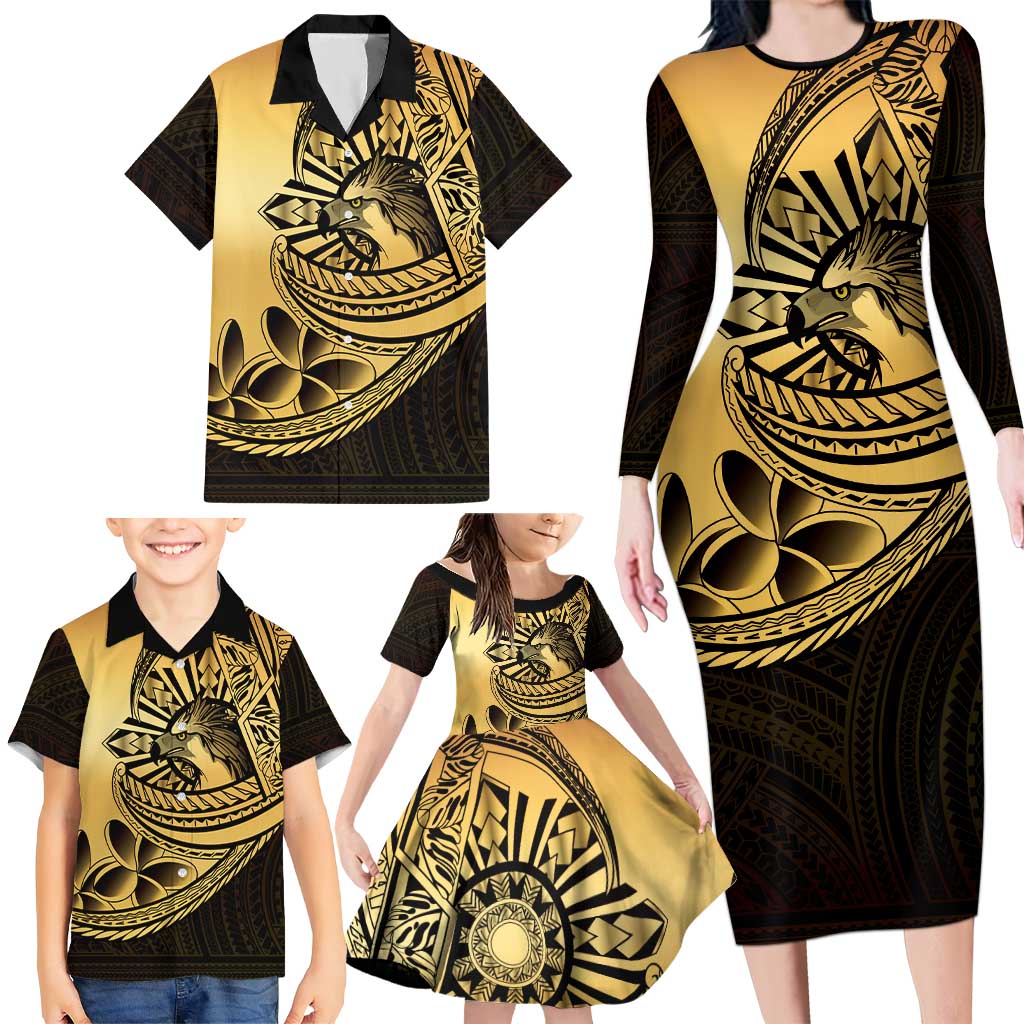 Philippines Eagle Sun Family Matching Long Sleeve Bodycon Dress and Hawaiian Shirt Filipino Agila Polynesian Tattoo Gold Color LT14 - Polynesian Pride