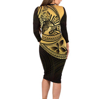 Philippines Eagle Sun Family Matching Long Sleeve Bodycon Dress and Hawaiian Shirt Filipino Agila Polynesian Tattoo Gold Color