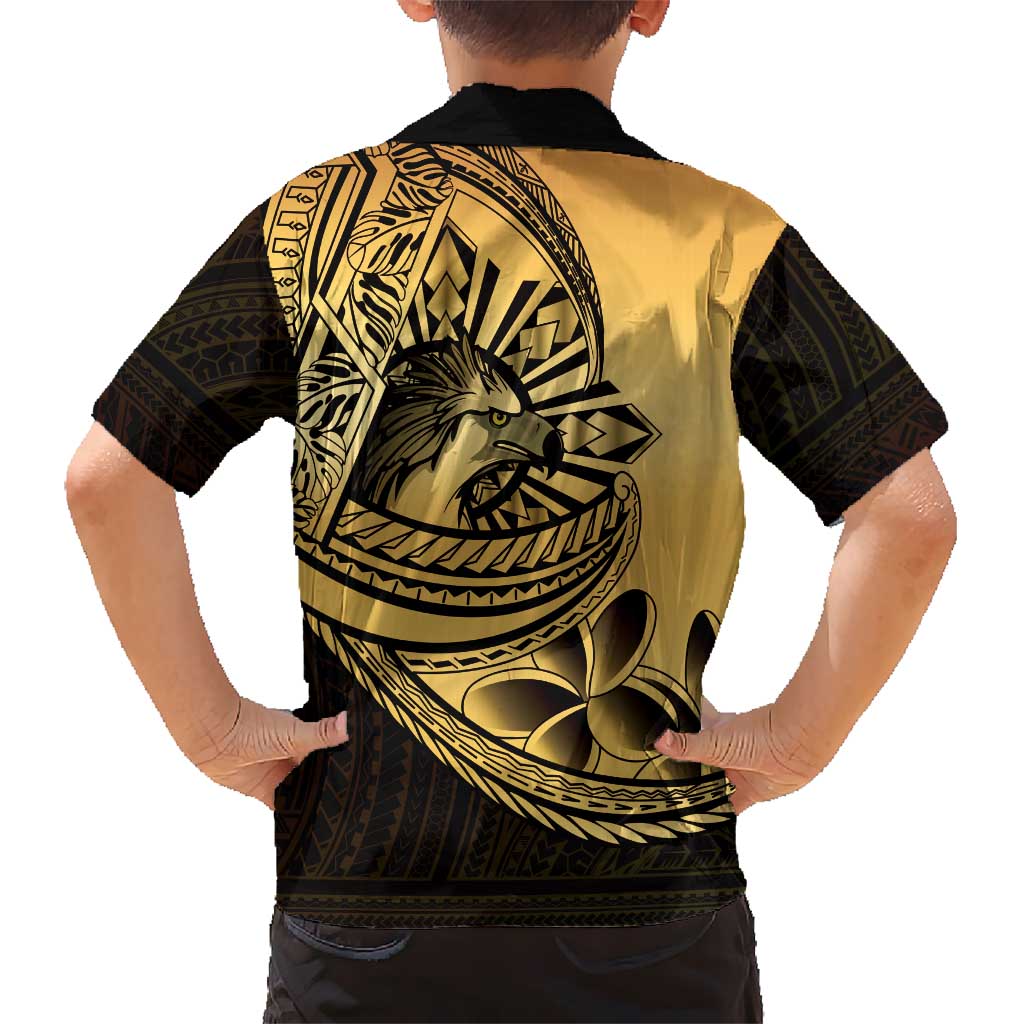 Philippines Eagle Sun Family Matching Off The Shoulder Long Sleeve Dress and Hawaiian Shirt Filipino Agila Polynesian Tattoo Gold Color