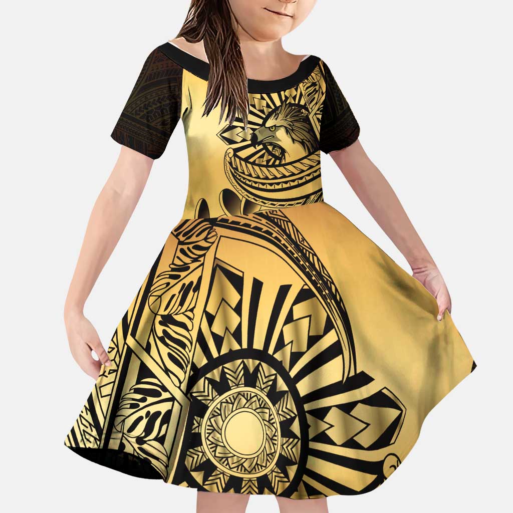Philippines Eagle Sun Family Matching Off The Shoulder Long Sleeve Dress and Hawaiian Shirt Filipino Agila Polynesian Tattoo Gold Color