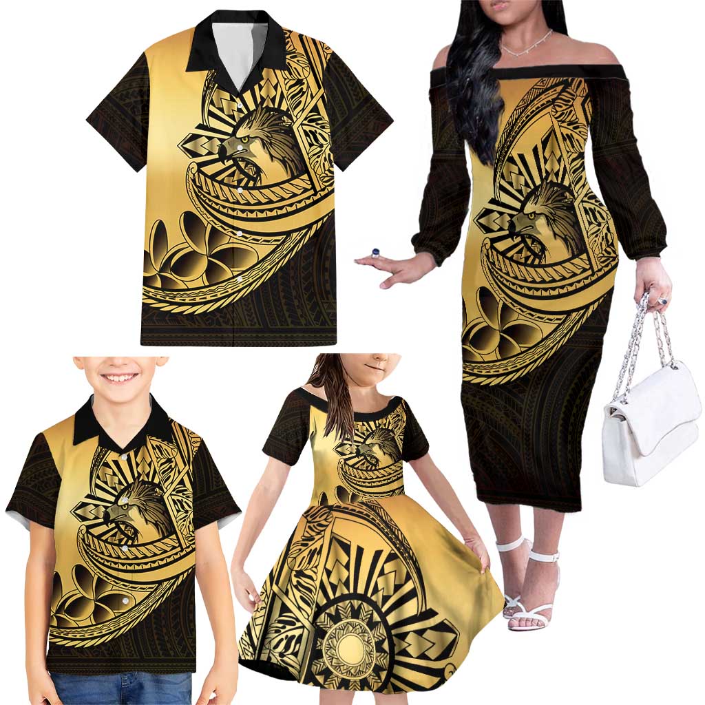 Philippines Eagle Sun Family Matching Off The Shoulder Long Sleeve Dress and Hawaiian Shirt Filipino Agila Polynesian Tattoo Gold Color
