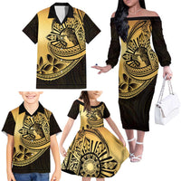 Philippines Eagle Sun Family Matching Off The Shoulder Long Sleeve Dress and Hawaiian Shirt Filipino Agila Polynesian Tattoo Gold Color