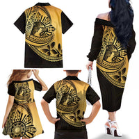 Philippines Eagle Sun Family Matching Off The Shoulder Long Sleeve Dress and Hawaiian Shirt Filipino Agila Polynesian Tattoo Gold Color