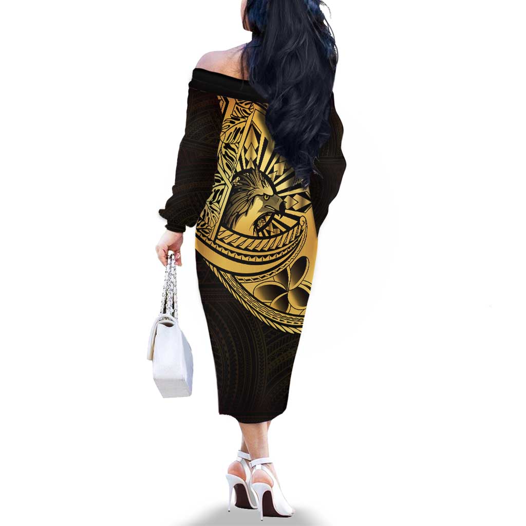 Philippines Eagle Sun Family Matching Off The Shoulder Long Sleeve Dress and Hawaiian Shirt Filipino Agila Polynesian Tattoo Gold Color