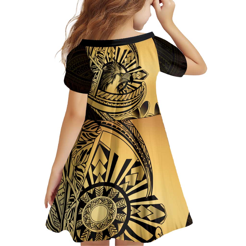 Philippines Eagle Sun Family Matching Off Shoulder Short Dress and Hawaiian Shirt Filipino Agila Polynesian Tattoo Gold Color