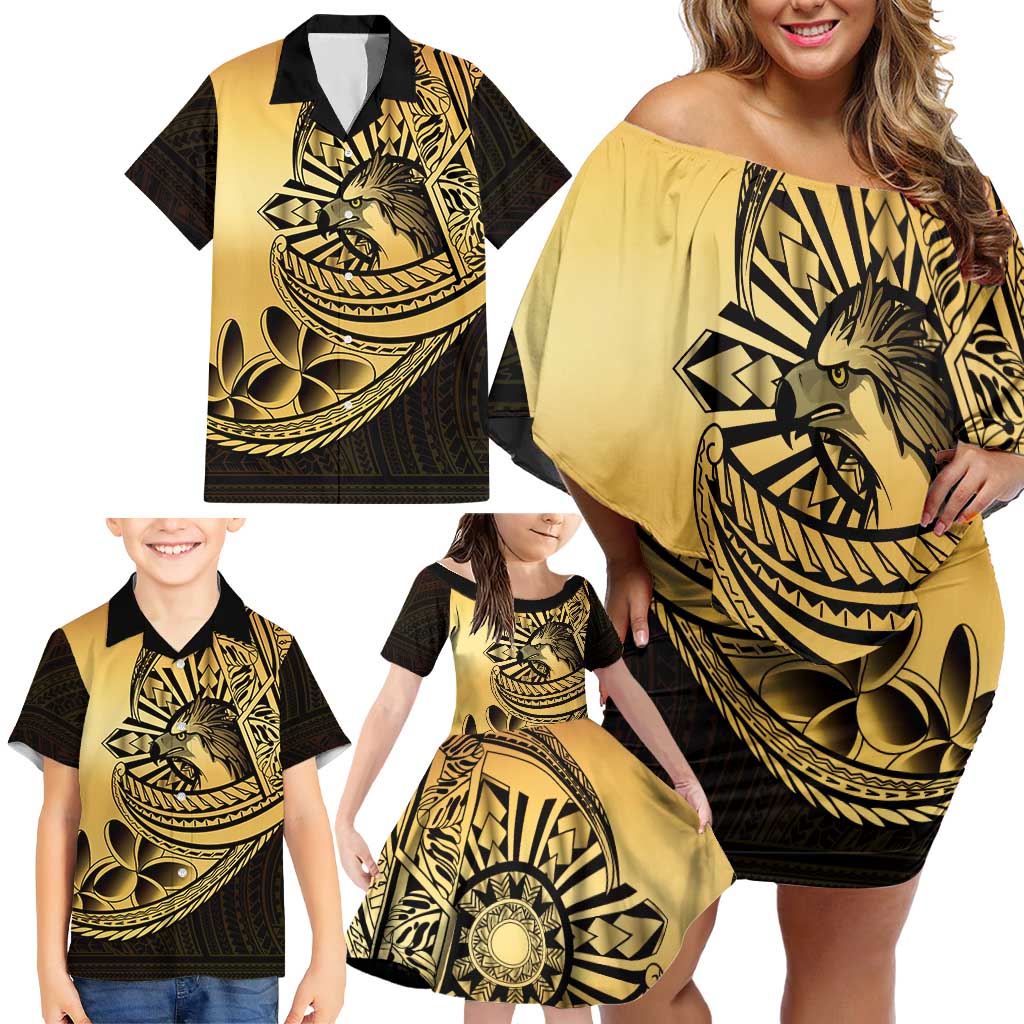 Philippines Eagle Sun Family Matching Off Shoulder Short Dress and Hawaiian Shirt Filipino Agila Polynesian Tattoo Gold Color