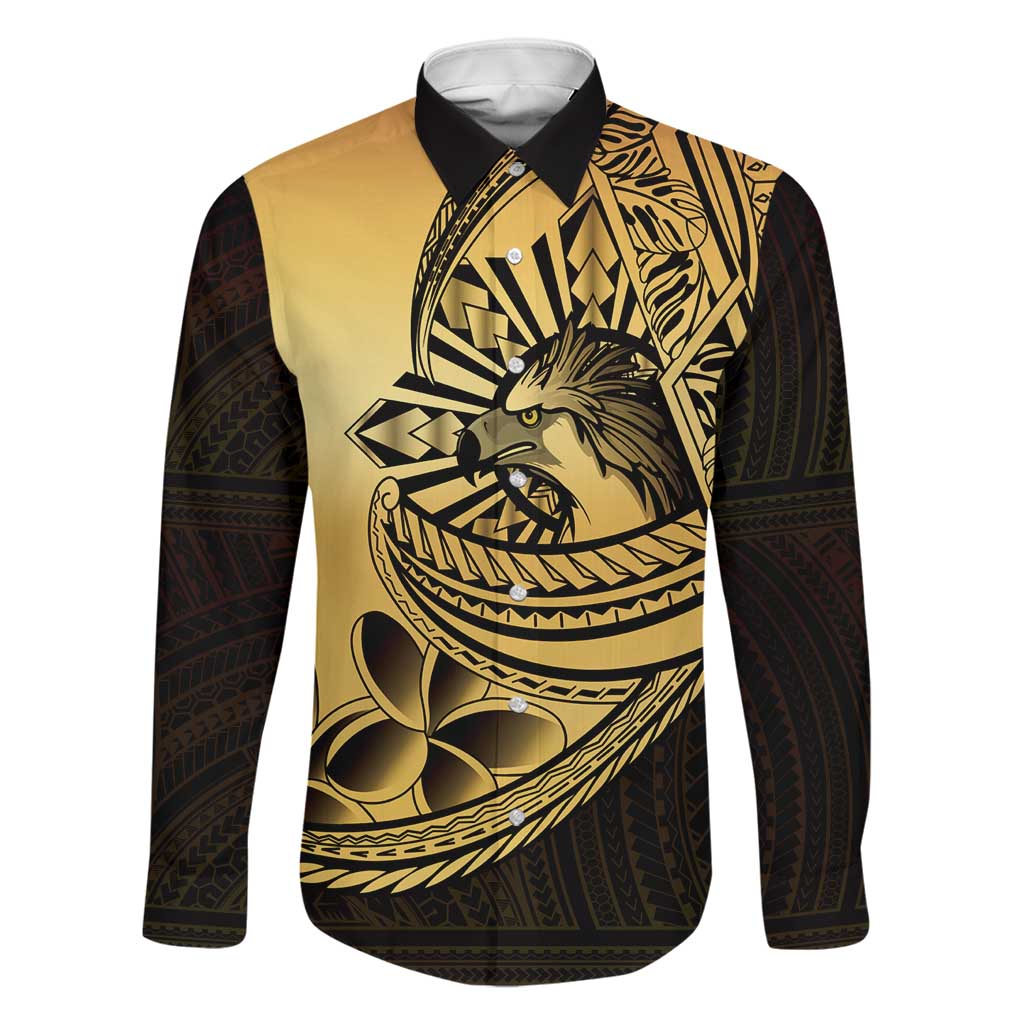 Philippines Eagle Sun Family Matching Off Shoulder Short Dress and Hawaiian Shirt Filipino Agila Polynesian Tattoo Gold Color