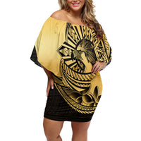 Philippines Eagle Sun Family Matching Off Shoulder Short Dress and Hawaiian Shirt Filipino Agila Polynesian Tattoo Gold Color